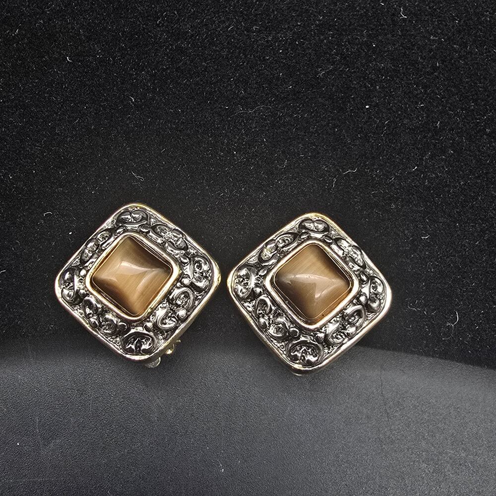 Faux Tiger's Eye Clip On Earrings Silver Tone Square Brown Moon Glow